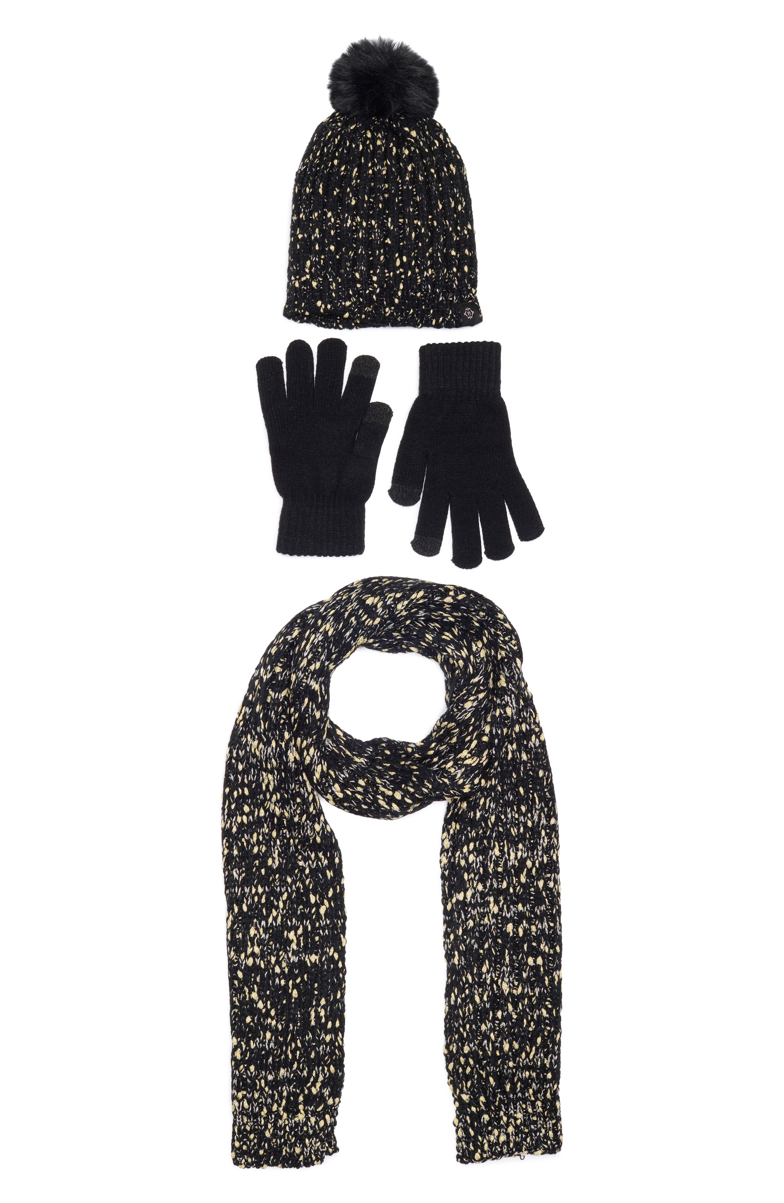 Nanette Lepore 3-Piece Metallic Scarf, Beanie & Gloves Set