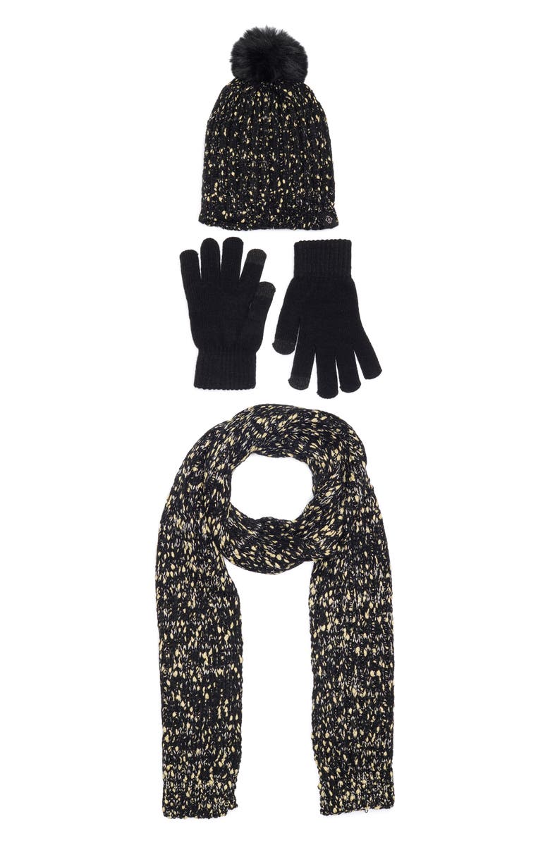 Nanette Lepore 3-Piece Metallic Scarf, Beanie & Gloves Set, Main, color, Black