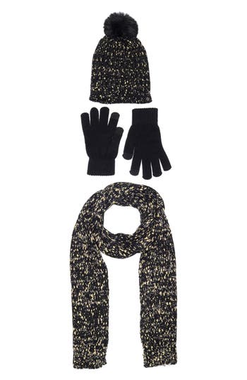 Nanette Lepore 3-piece Metallic Scarf, Beanie & Gloves Set In Black