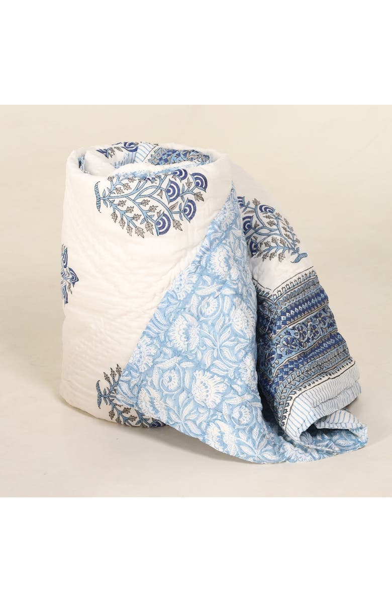 Mela Artisans Blockprinted Reversible Quilt, Main, color, Blue Mist