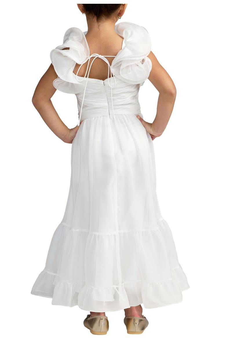 Mac Duggal Girls Solid Chiffon Ruffle Shoulder Dress, Alternate, color, White