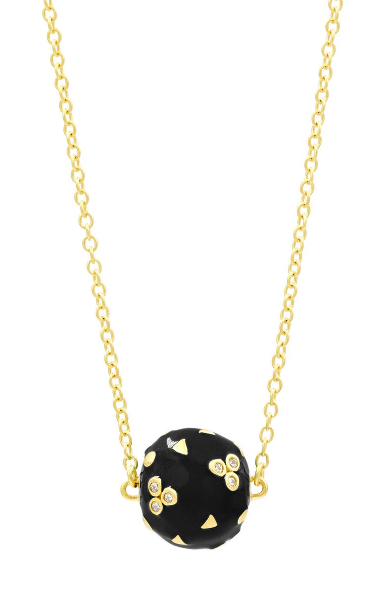 FREIDA ROTHMAN Harmony Gold Clad Sterling Silver CZ Black Enamel Ball Pendant Necklace, Main, color, 