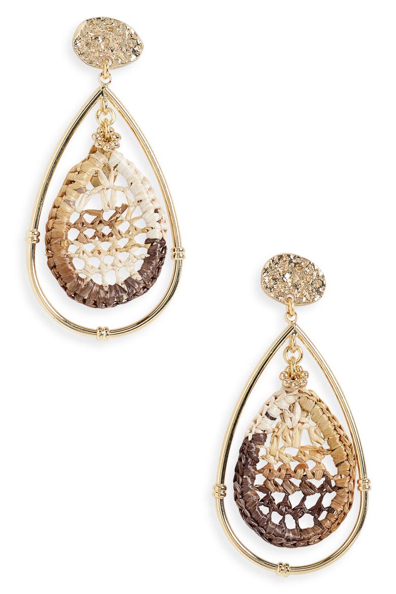 Raffia Cage Drop Earrings, Main, color, BROWN OMBRE