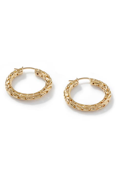 Carved Chain Hoop Earrings, Gold, 26mm