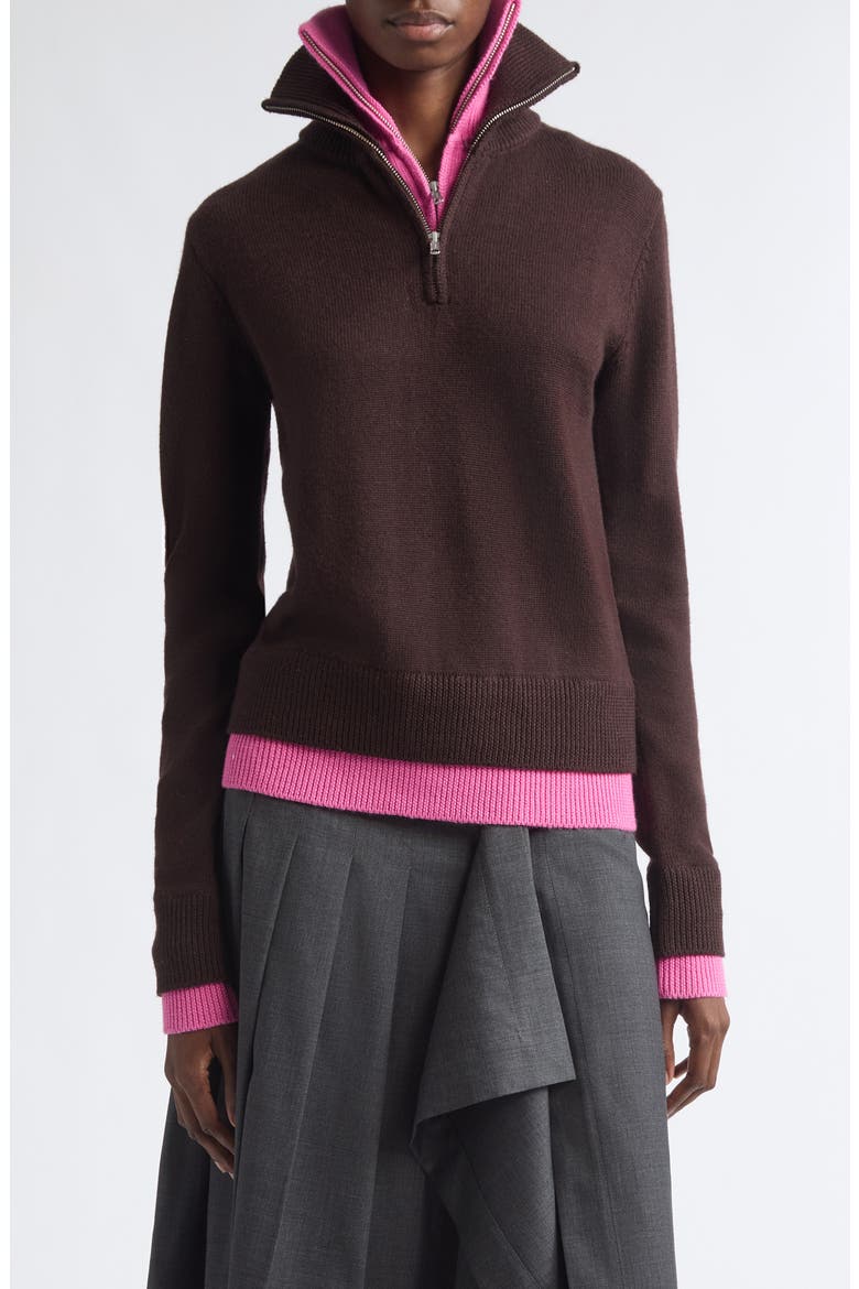 Double Layer Half Zip Merino Wool Sweater, Main, color, BROWN/ PINK