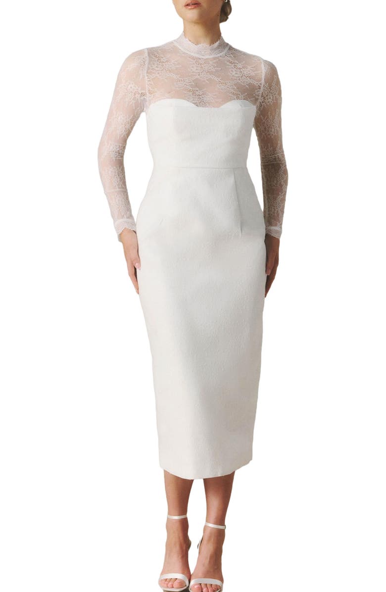 Six Stories Lace Sleeve Cup Detail Midi Dress, Alternate, color, White