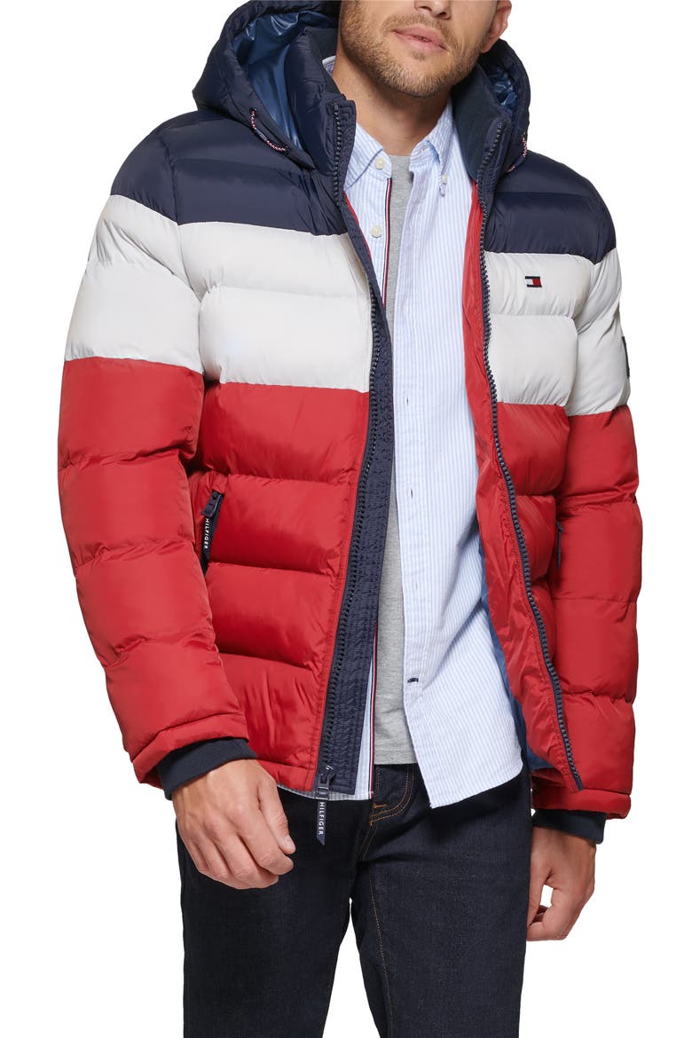 Nylon Classic Puffer Jacket, Main, color, MIDNIGHT/ BUFF/ RED