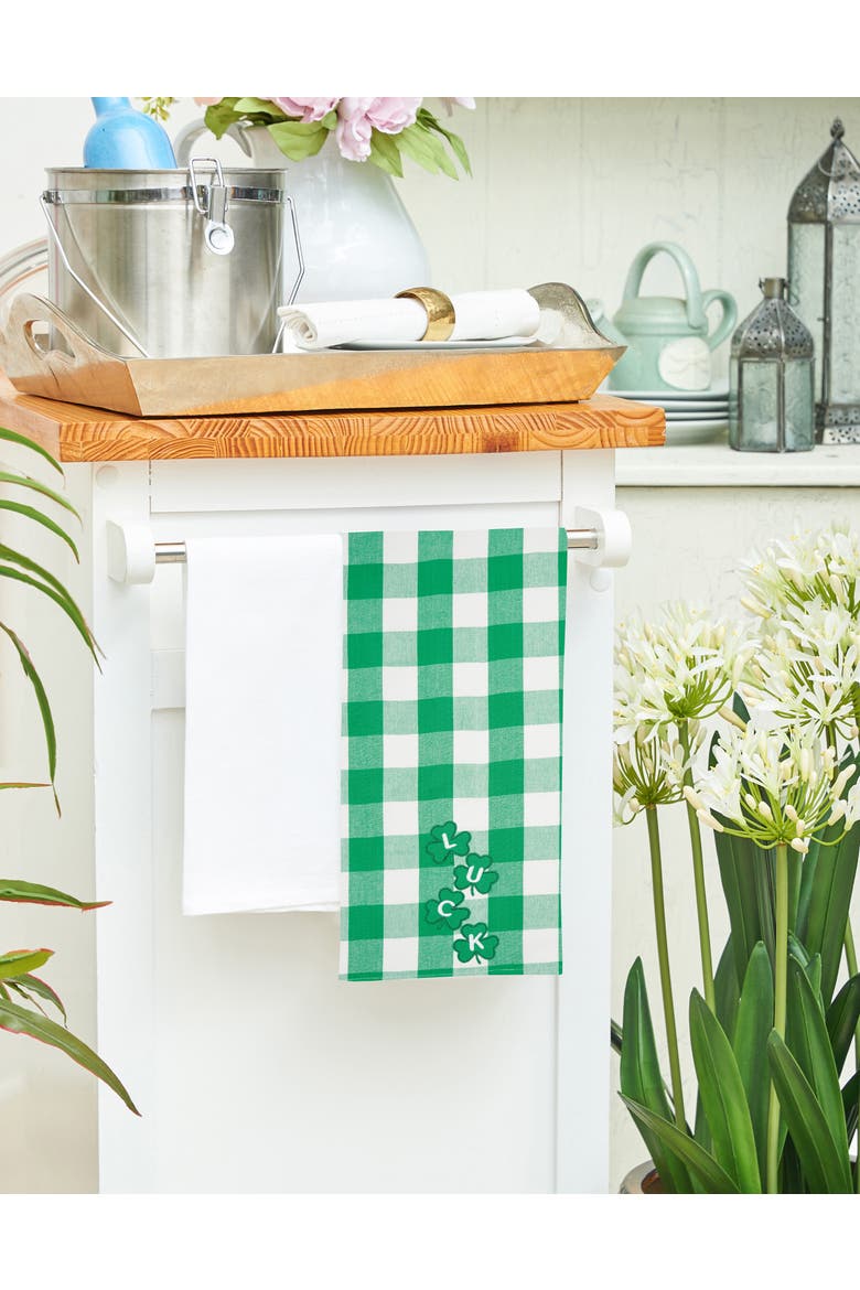St. Patrick's Day Four Clover "Luck" Plaid Check Cotton Kitchen Dishtowel, Alternate, color, Green