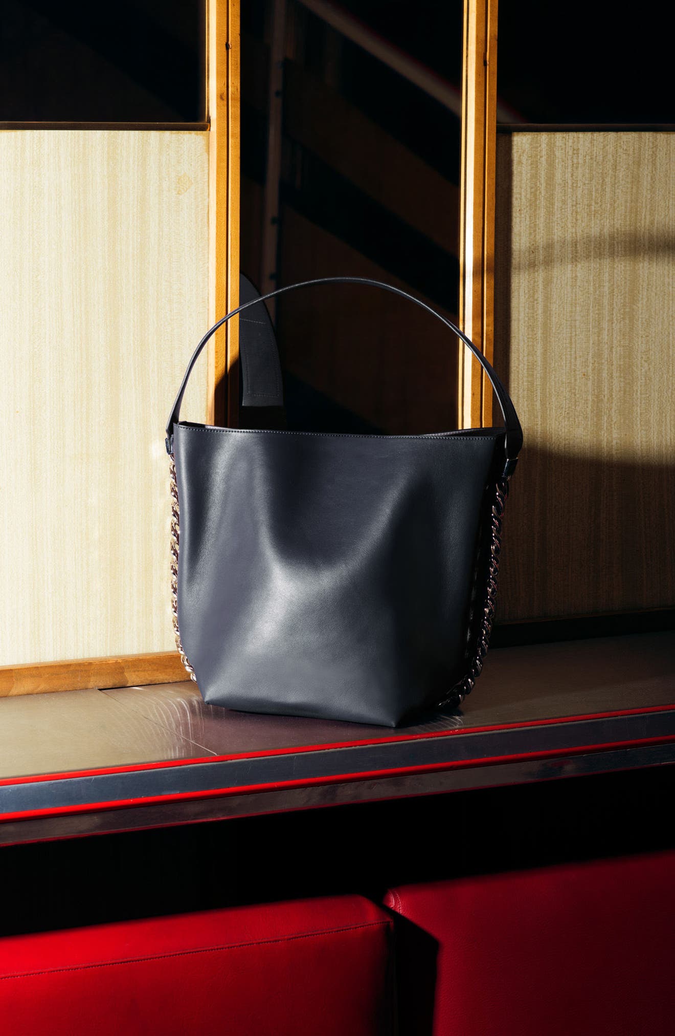 Infinity Calfskin Leather Bucket Bag, Alternate, color, BLACK