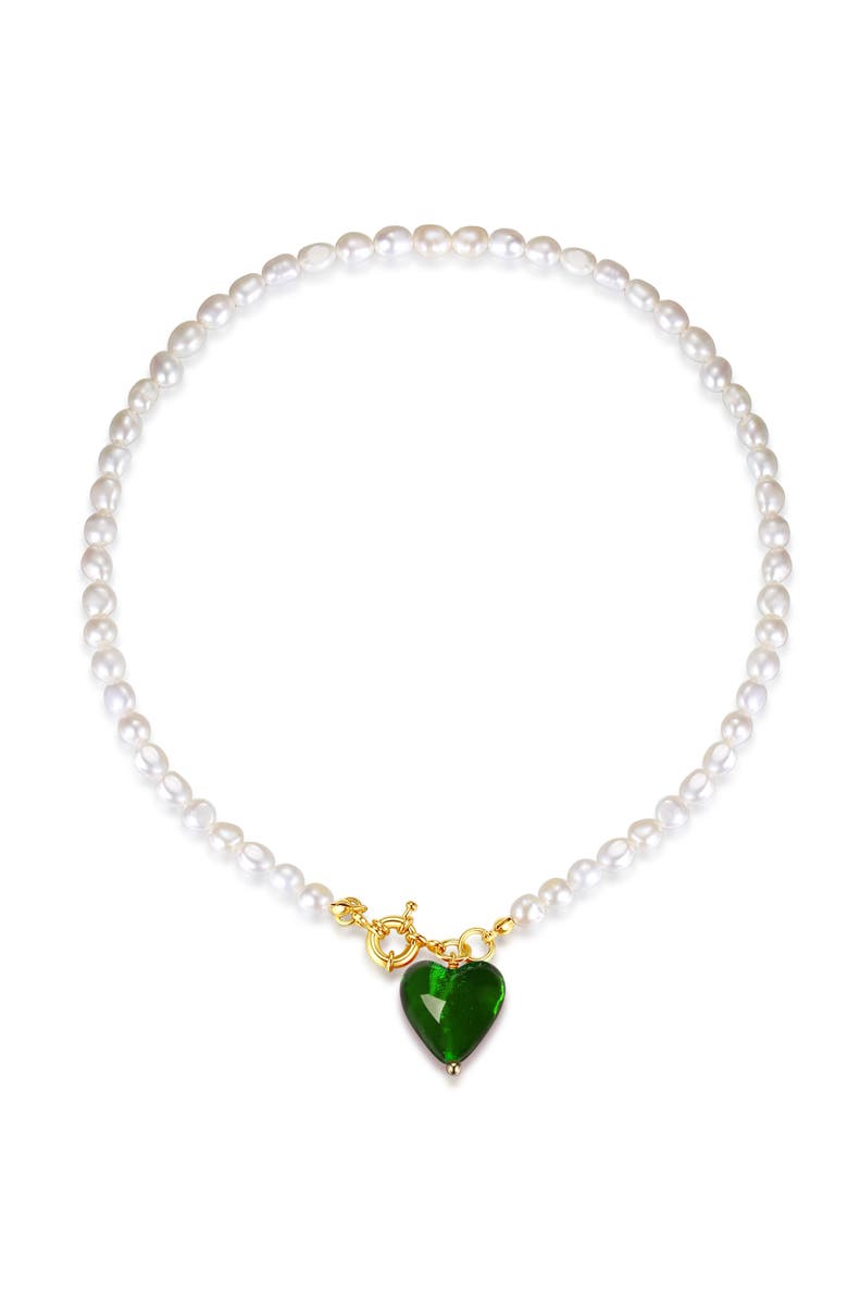 Classicharms Esmée Glaze Heart Pendant Baroque Pearl Necklace, Main, color, Green