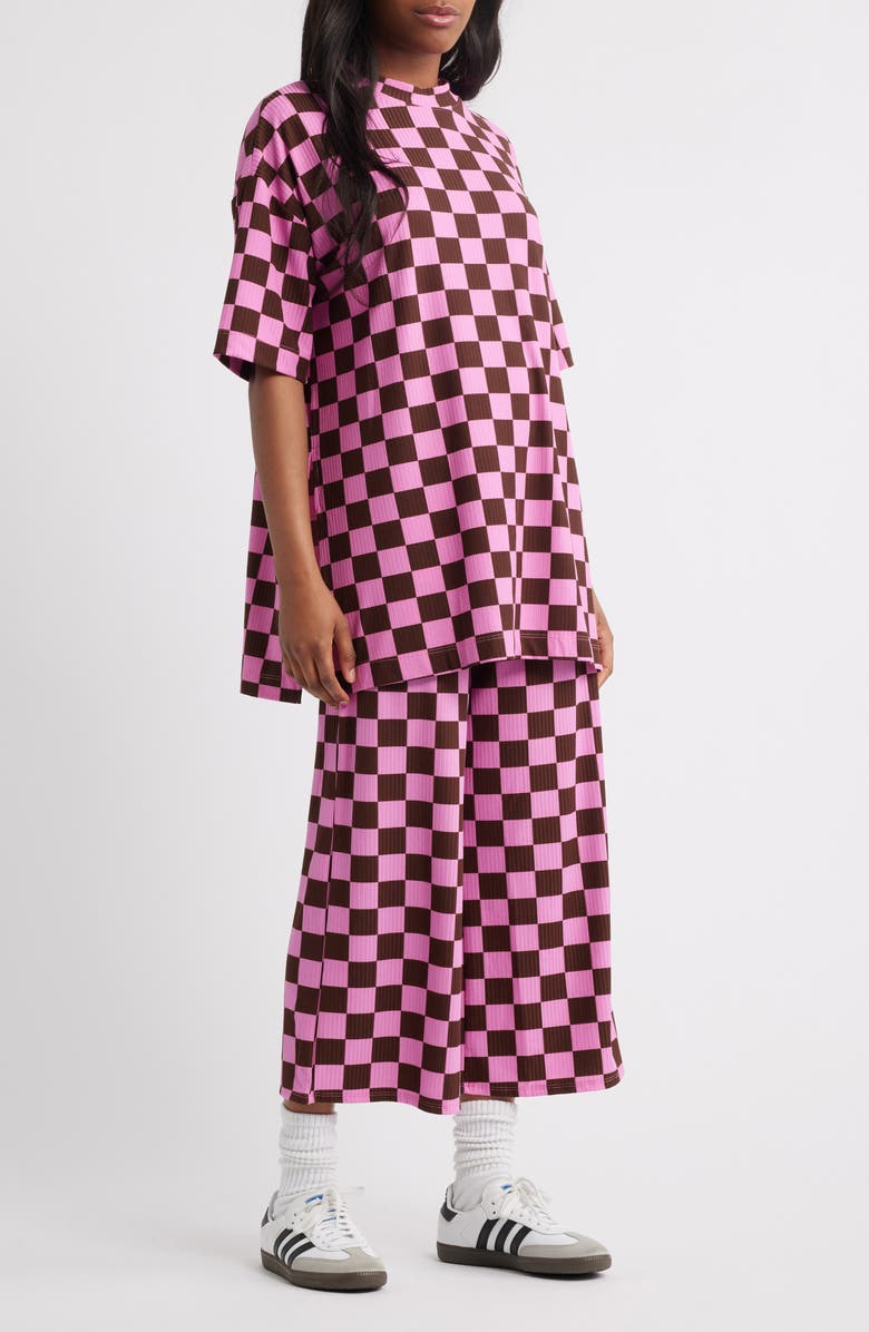 Dressed in Lala Lex Ribbed Oversize T-Shirt & High Waist Crop Pants Set, Main, color, Pink/ Brown