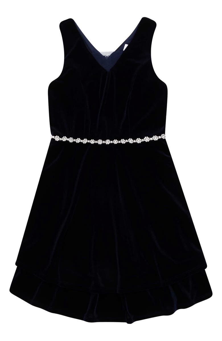 Speechless Kids' Velvet Rhinestone Fit-and-Flare Dress, Main, color, Dark Navy