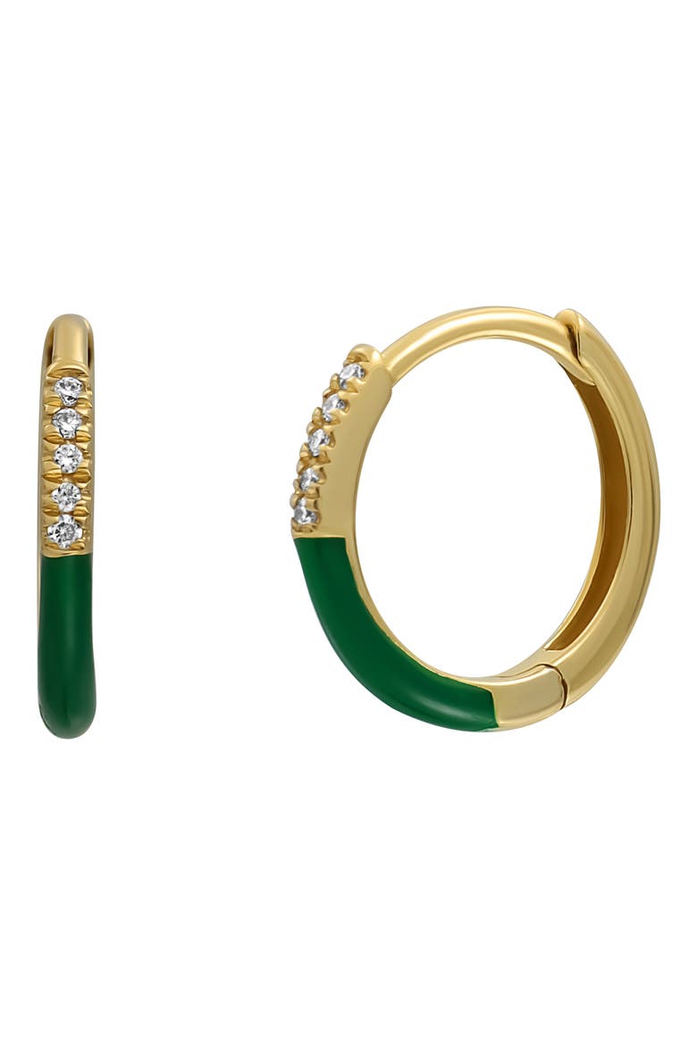Chelsea Enamel Tipped Diamond Hoop Earrings, Main, color, 18K YG/ GREEN ENAMEL/ DIAMOND