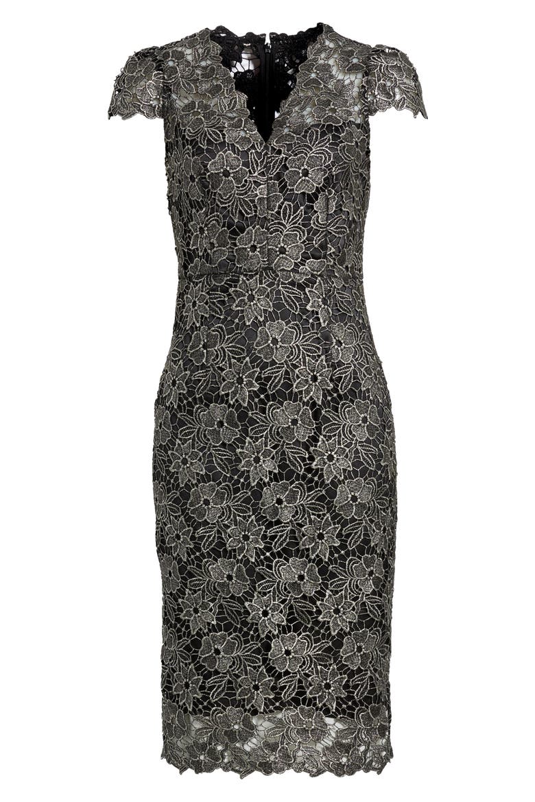 Metallic Floral Lace Sheath Dress, Alternate, color, BLACK GOLD