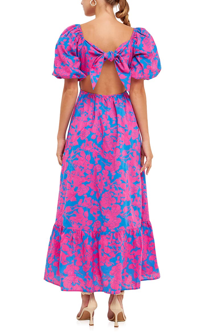 Floral Puff Sleeve Tie Back Maxi Dress, Alternate, color, BLUE/ FUCHSIA