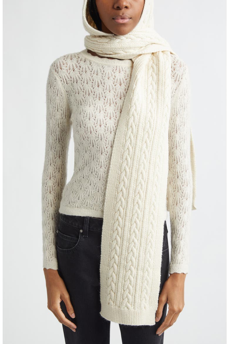 Honorine Hooded Cable Stitch Virgin Wool & Alpaca Scarf, Alternate, color, ECRU