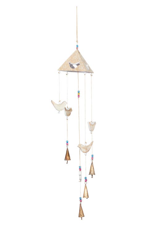 Goldtone Mango Wood Indoor & Outdoor Bird Windchime with Glass Beads & Cone Bells