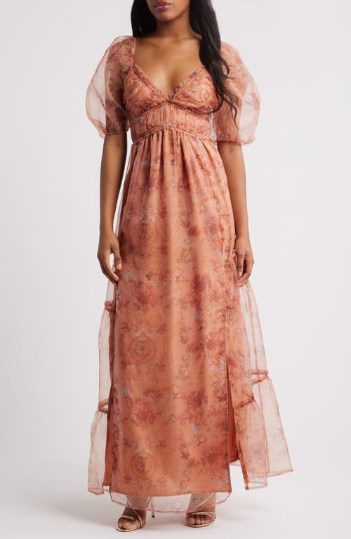 Lulus Daphne Floral Print Organza Gown In Rusty Rose Floral