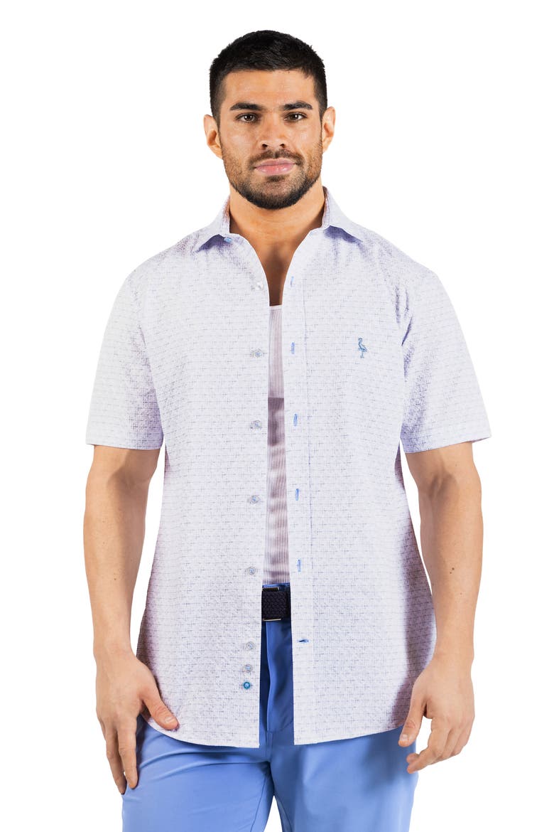 Geometric Floral Print Seersucker Short Sleeve Button-Up Shirt, Alternate, color, WHITE