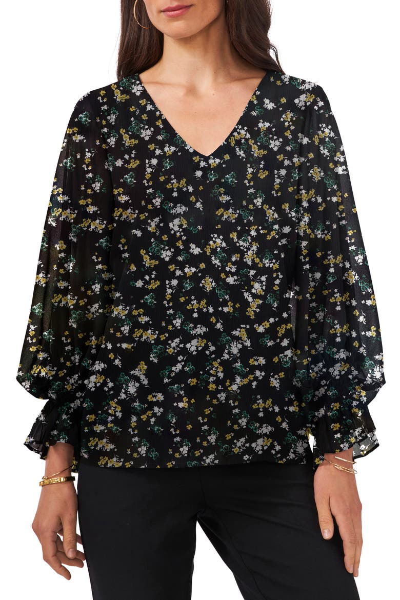 Floral Balloon Sleeve Top, Main, color, RICH BLACK