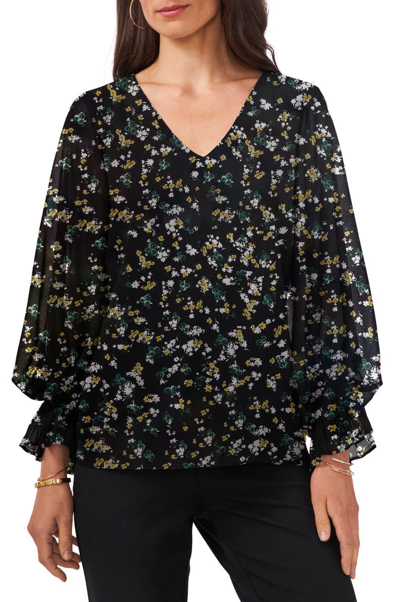 Chaus Floral Balloon Sleeve Top, Main, color, Rich Black