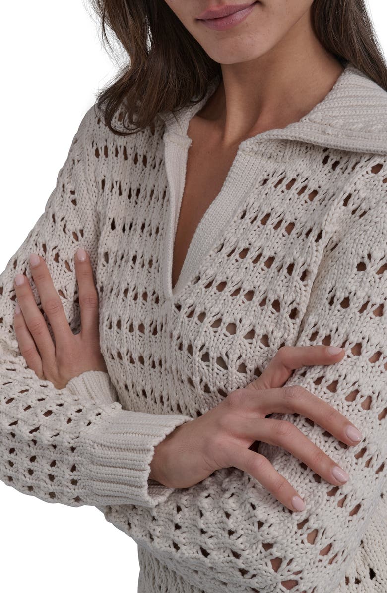 DKNY Jeans Johnny Collar Open Stitch Cotton Blend Sweater, Alternate, color, Eggnog