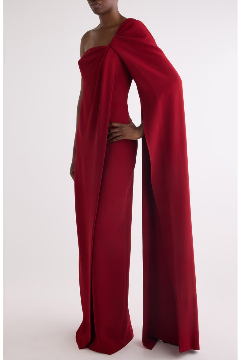 Asymmetric Draped Cady Cape Gown, Alternate, color, DARK RED
