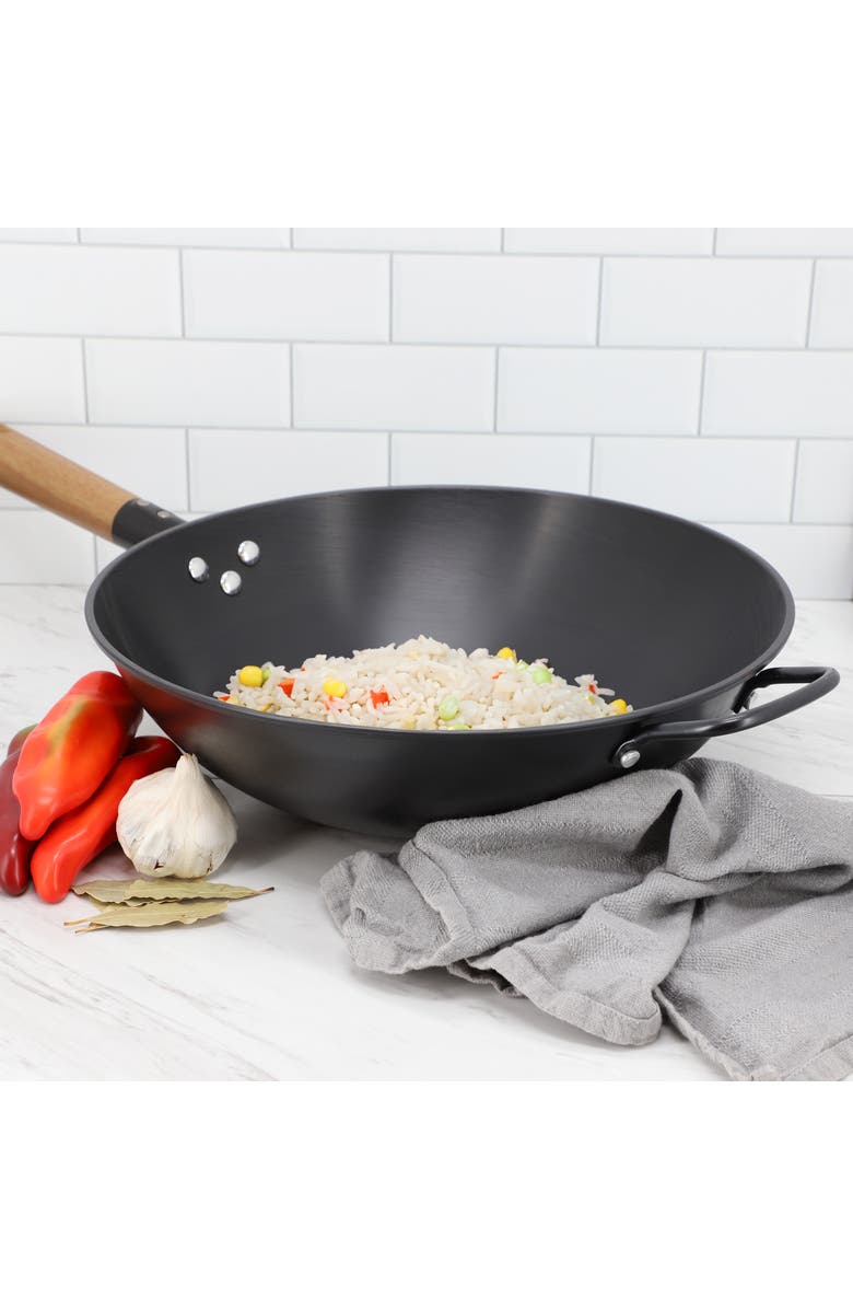 Gibson Home Welton 13.5 Inch Carbon Steel Wok with Wood Handle, Alternate, color, Black