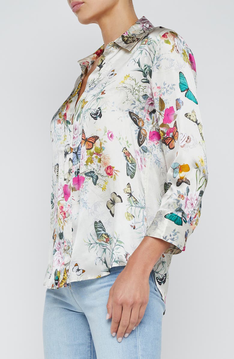 L'AGENCE Dani Butterfly Print Silk Button-Up Shirt, Alternate, color, White Multi Charonda Butterfly