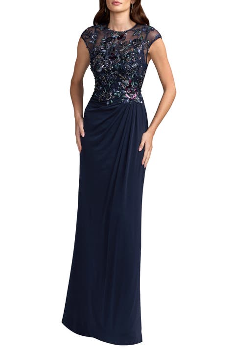 Embroidered Cap Sleeve Jersey Gown