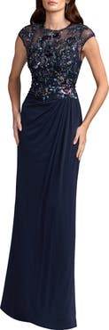 Mac Duggal Embroidered Cap Sleeve Jersey Gown