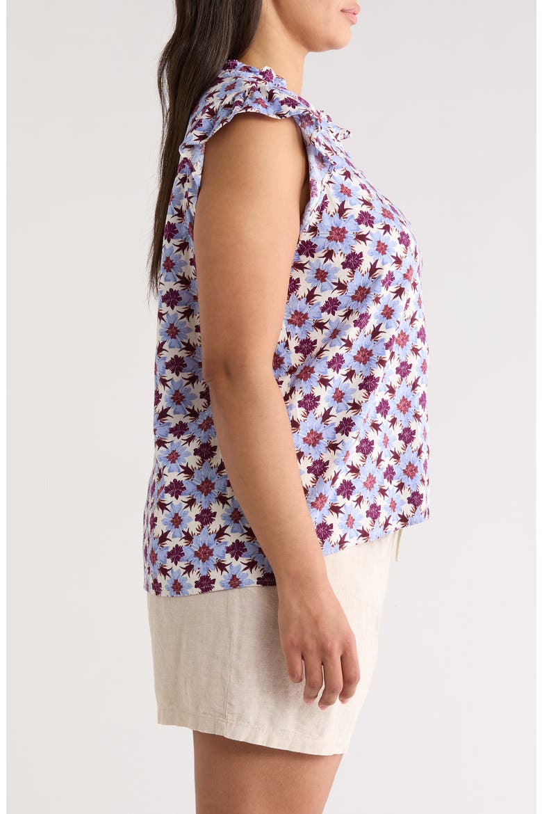Flutter Sleeve Print Popover Top, Alternate, color, IVORY- PURPLE MILLIE TILE