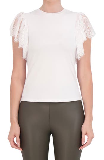 Ookie & Lala Crewneck Lace Sleeve Top In White