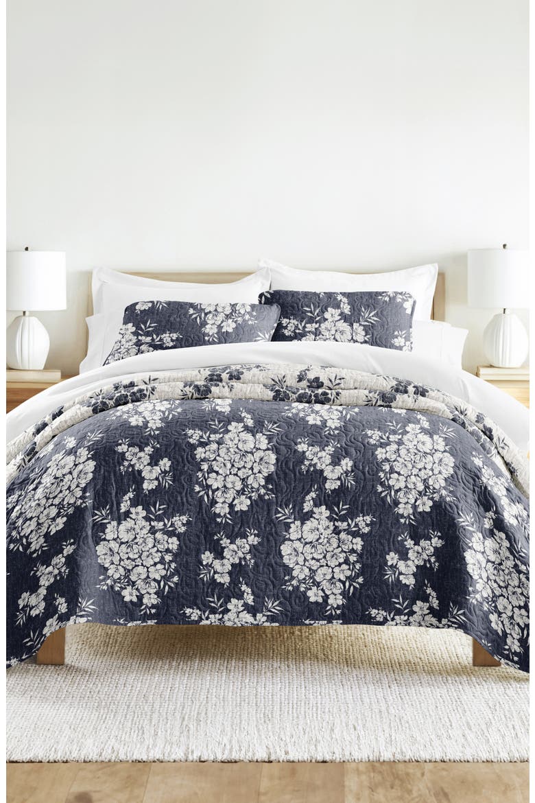 Pattern Reversible Quilt & Sham Set, Alternate, color, NAVY