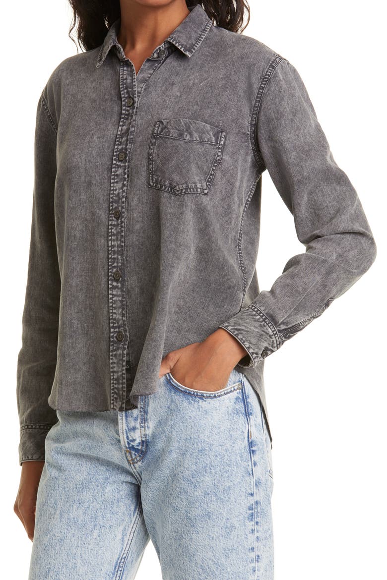 Ingrid Raw Hem Long Sleeve Button-Up Shirt, Alternate, color, BLACK ACID WASH