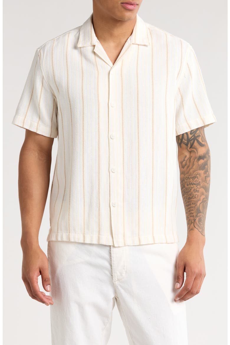 Stripe Textured Short Sleeve Button-Up Shirt, Main, color, CREAM/ KHAKI