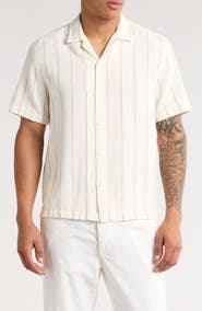 DENIM AND FLOWER Stripe Textured Short Sleeve Button-Up Shirt