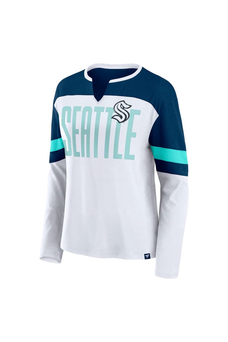 Women's Fanatics White/Deep Sea Blue Seattle Kraken Frozen Long Sleeve Notch Neck T-Shirt, Alternate, color, White