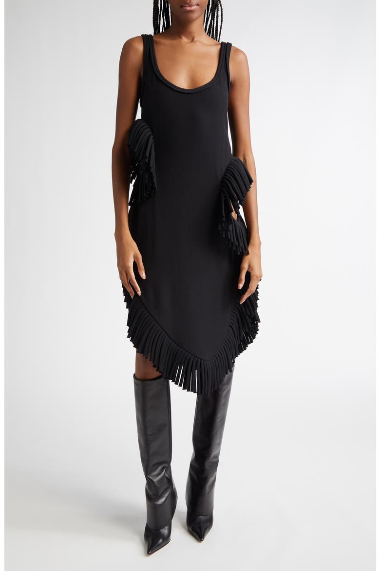 Scatter Fringe Cutout Wool Midi Dress, Main, color, BLACK