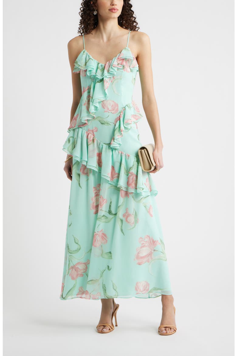 V-Neck Drape Maxi Dress, Main, color, AQUA- PINK TULIP FIELD