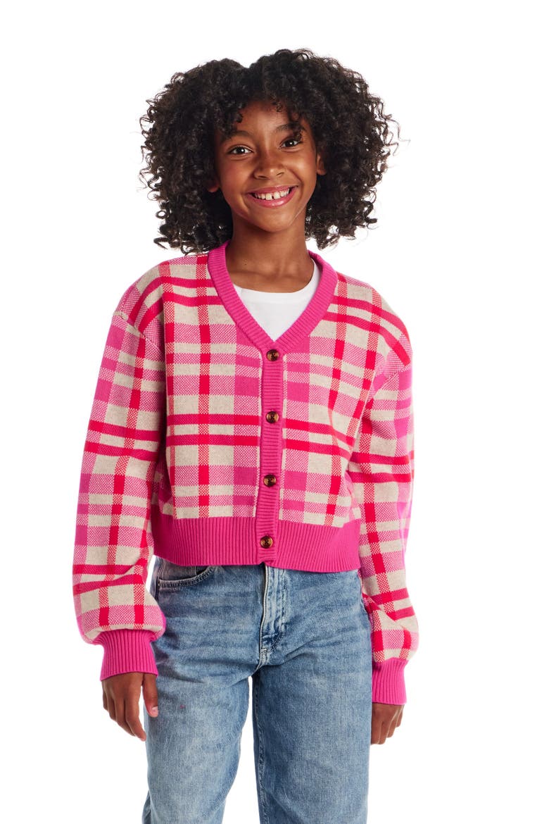 Kids' Plaid Cotton Cardigan, Alternate, color, PINK PLAID