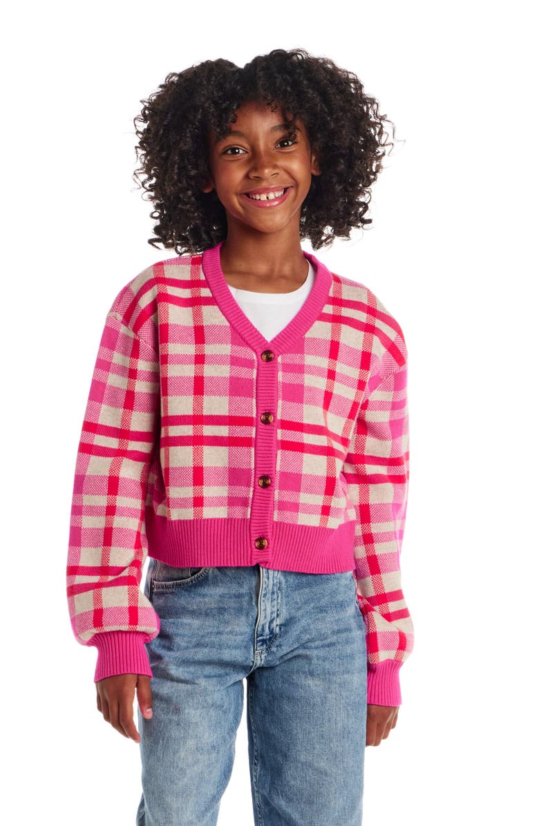 Andy & Evan Kids' Plaid Cotton Cardigan, Alternate, color, Pink Plaid