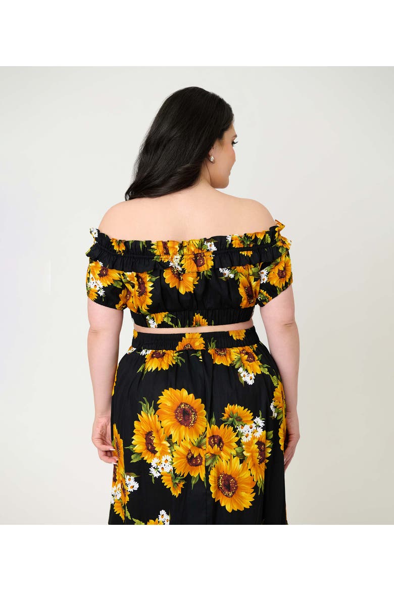 Plus Size 1970s Off Ruffle Up Crop Top, Alternate, color, Black Floral Print