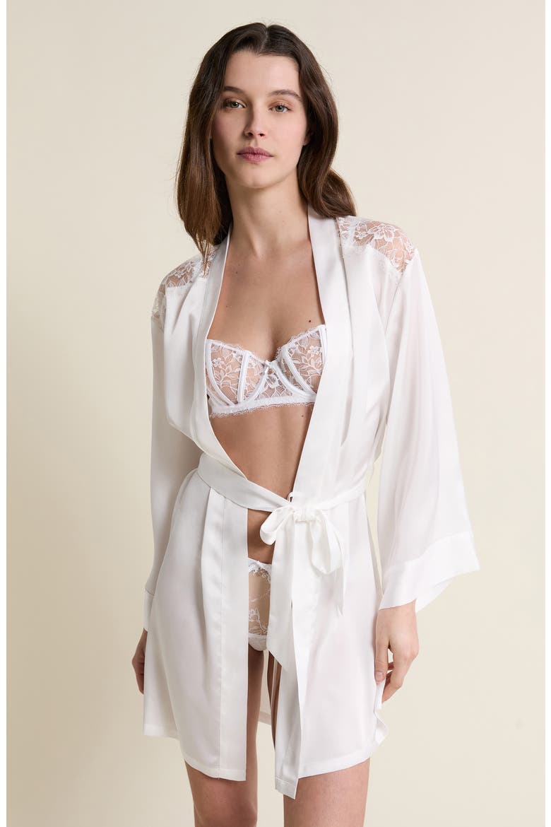 Mascarade Deshabille Lace Trim Satin Robe, Alternate, color, WHITE