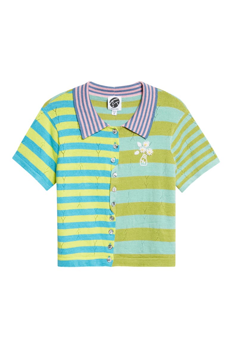 Daisy Stripe Linen Blend Y-Pointelle Cardigan, Alternate, color, LIME MULTI