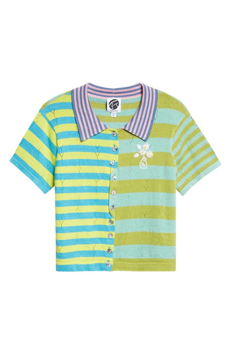 YanYan Daisy Stripe Linen Blend Y-Pointelle Cardigan, Alternate, color, Lime Multi