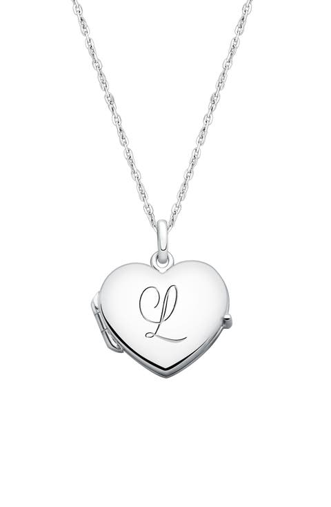 Sterling Silver Heart Locket & Engraved Initial 14-16" Necklace