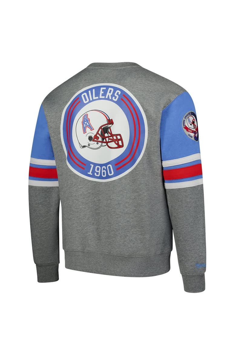 Men's Mitchell & Ness Heather Gray Houston Oilers All Over 4.0 Vintage Logo Pullover Sweatshirt, Alternate, color, Heather Gray