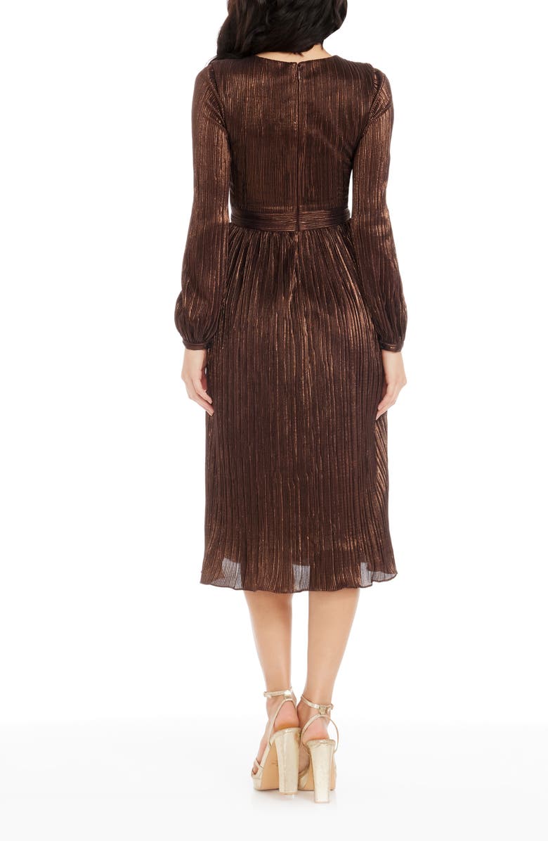 Dress the Population Holly Long Sleeve Metallic Plissé Dress, Alternate, color, Mocha