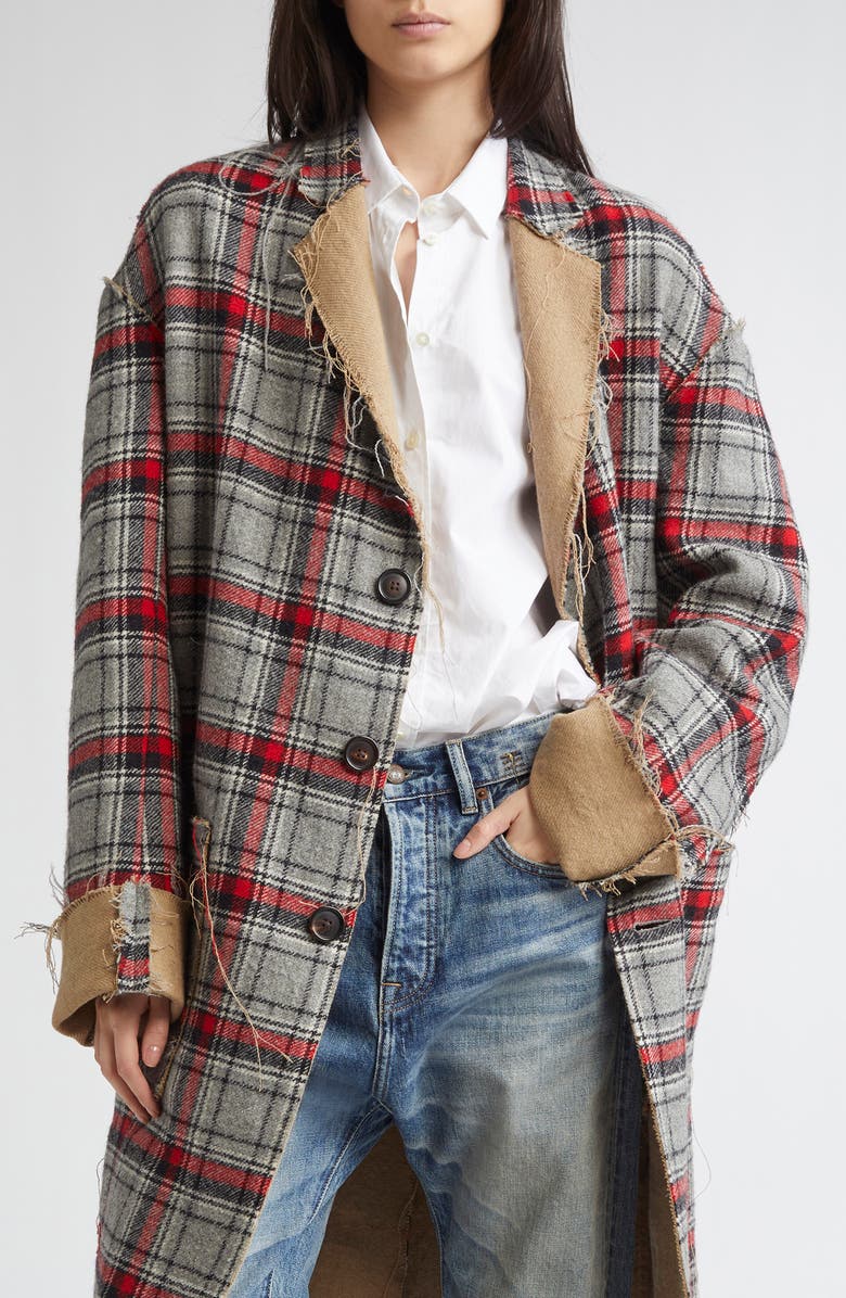 R13 Reversible Raw Cut Cotton & Virgin Wool Coat, Main, color, Red/ Grey Plaid
